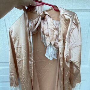 Ladies 3 Piece Night Set, Belted Robe, Panties & Lace Bra, Beige, Size L